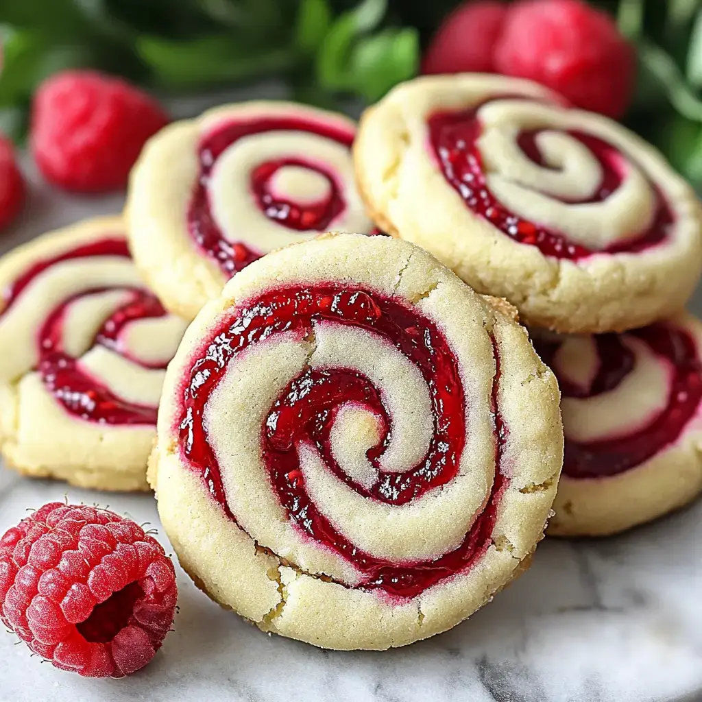Close-up of flaky raspberry cookies swirling with red jam, with a fresh berry beside them, against a soft green backdrop.