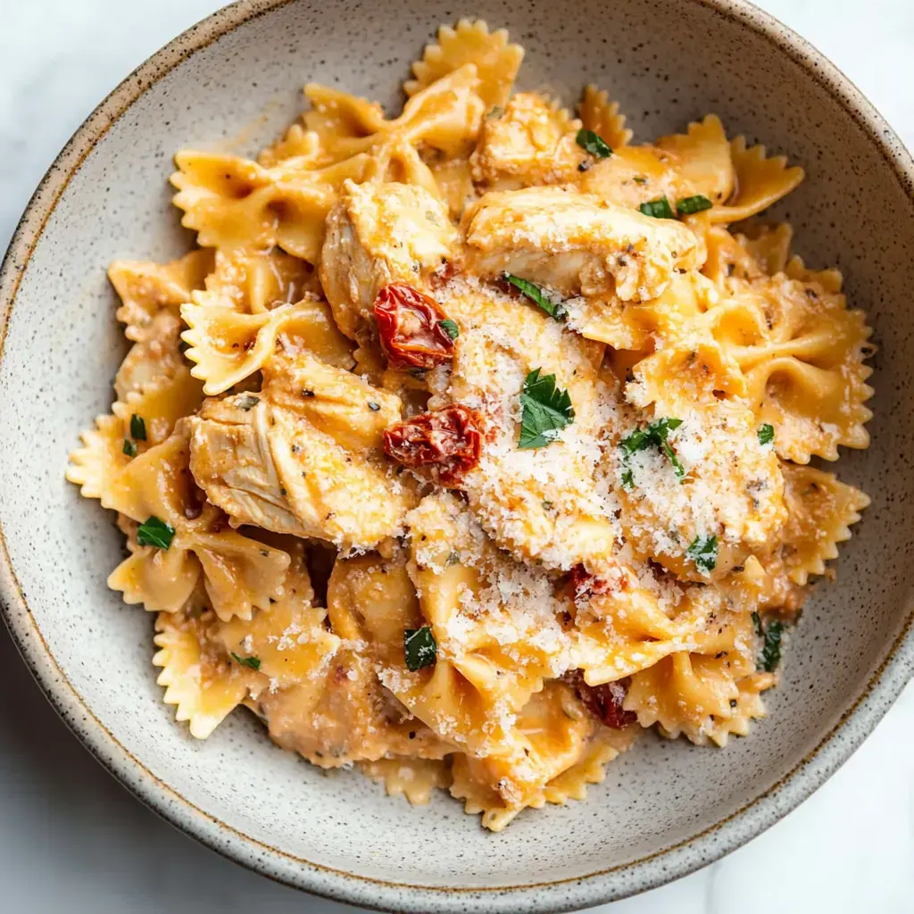 Bowtie pasta in creamy sauce with chicken, sun-dried tomatoes, and basil, topped with cheese.