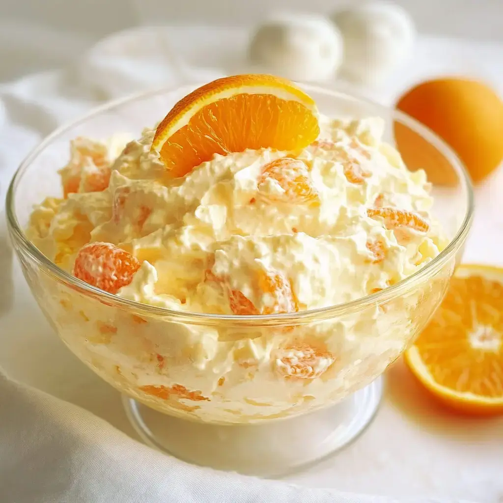 A bowl of creamy dessert with orange pieces, garnished by a single orange slice, surrounded by whole oranges in the background.