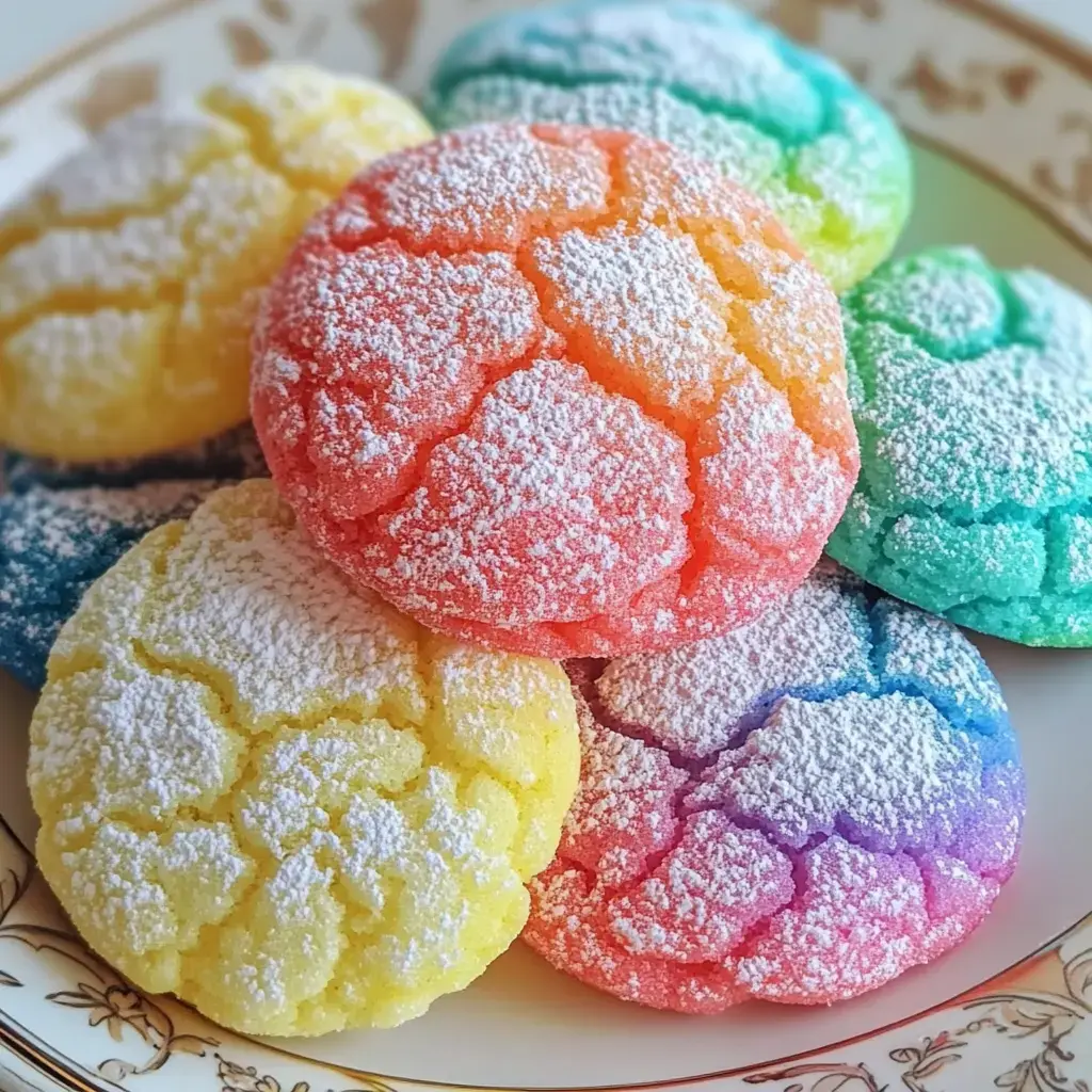 A pretty plate piled with colorful crinkle cookies coated in powdered sugar and rainbow sprinkles.