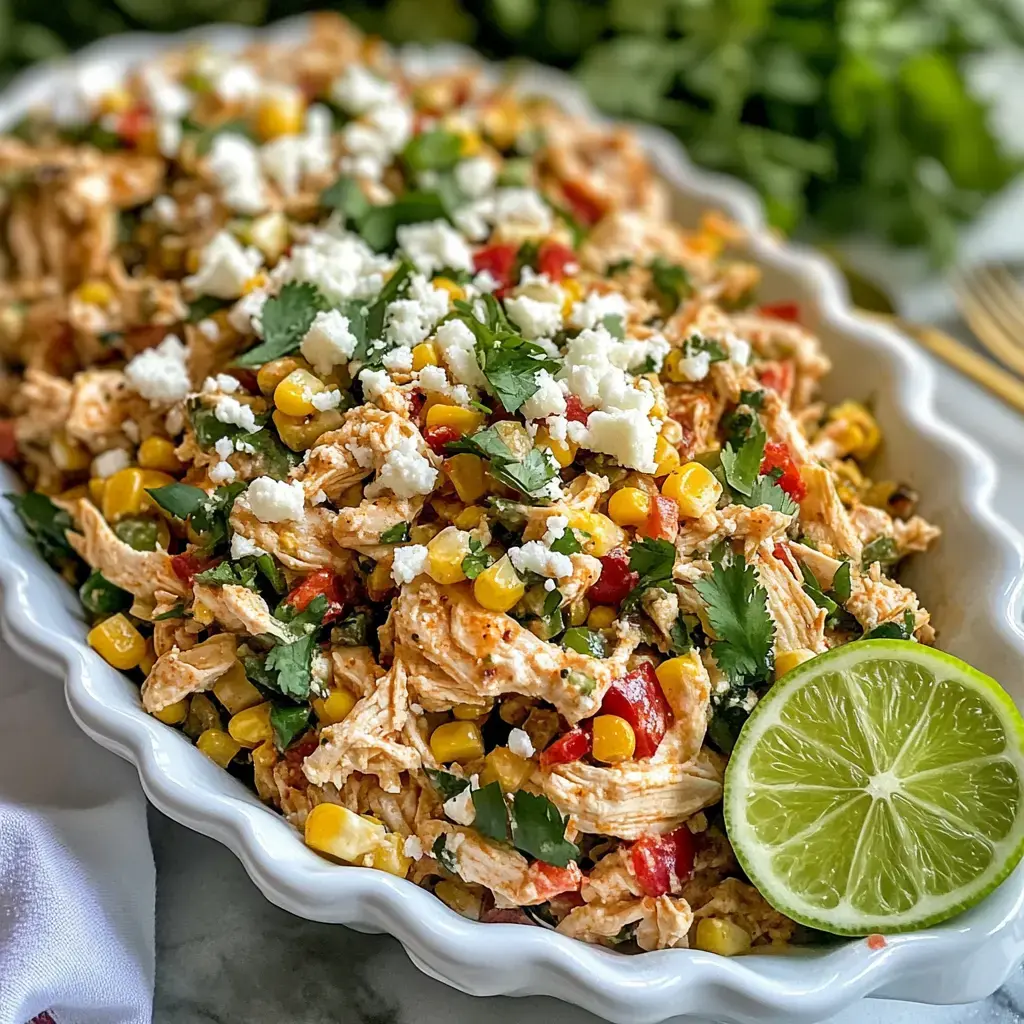 A vibrant bowl of corn-studded chicken finished with feta and fresh herbs, garnished with lime.