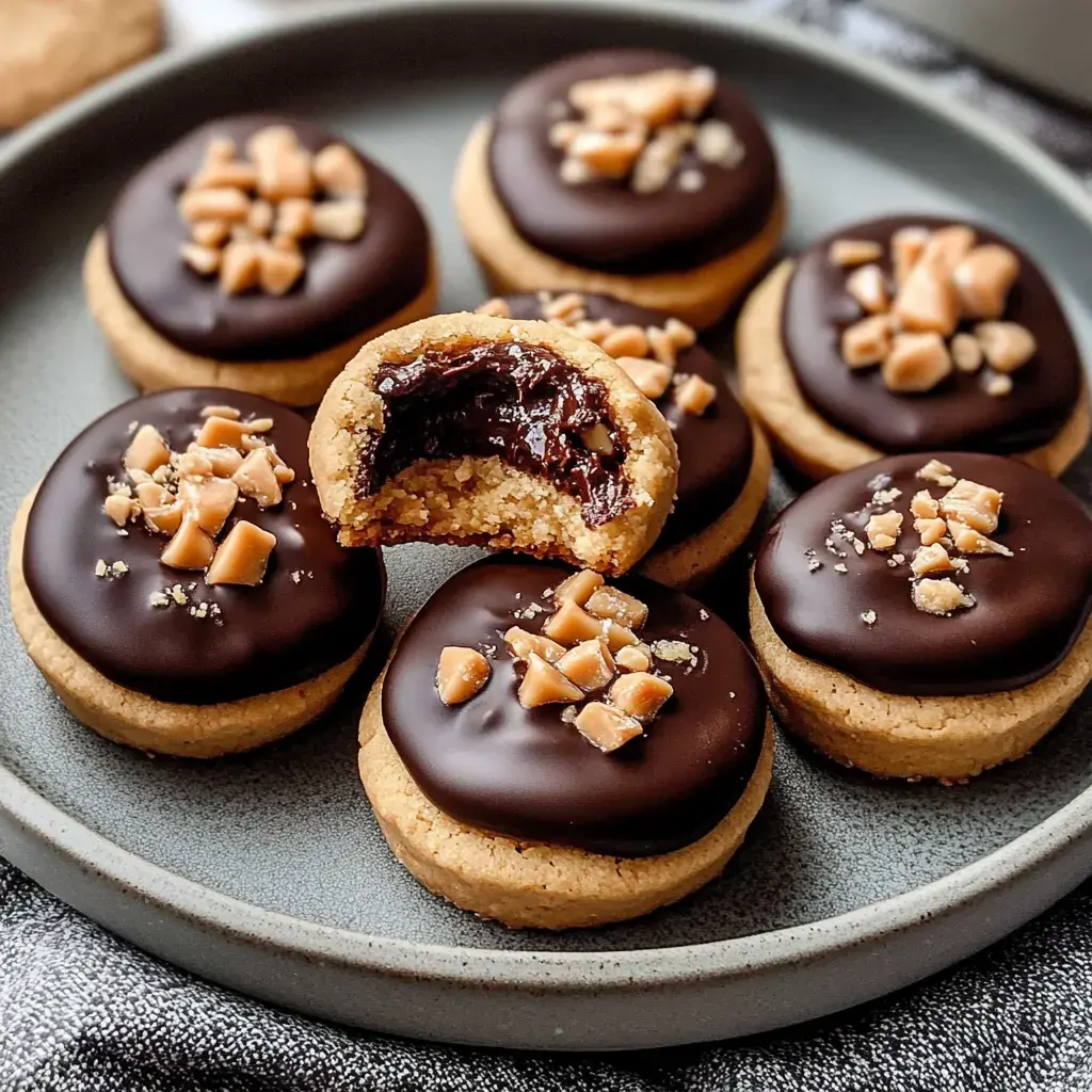 Mini peanut butter cookie cups with chocolate filling and toppings, one with a bite taken out showing creamy chocolate center.