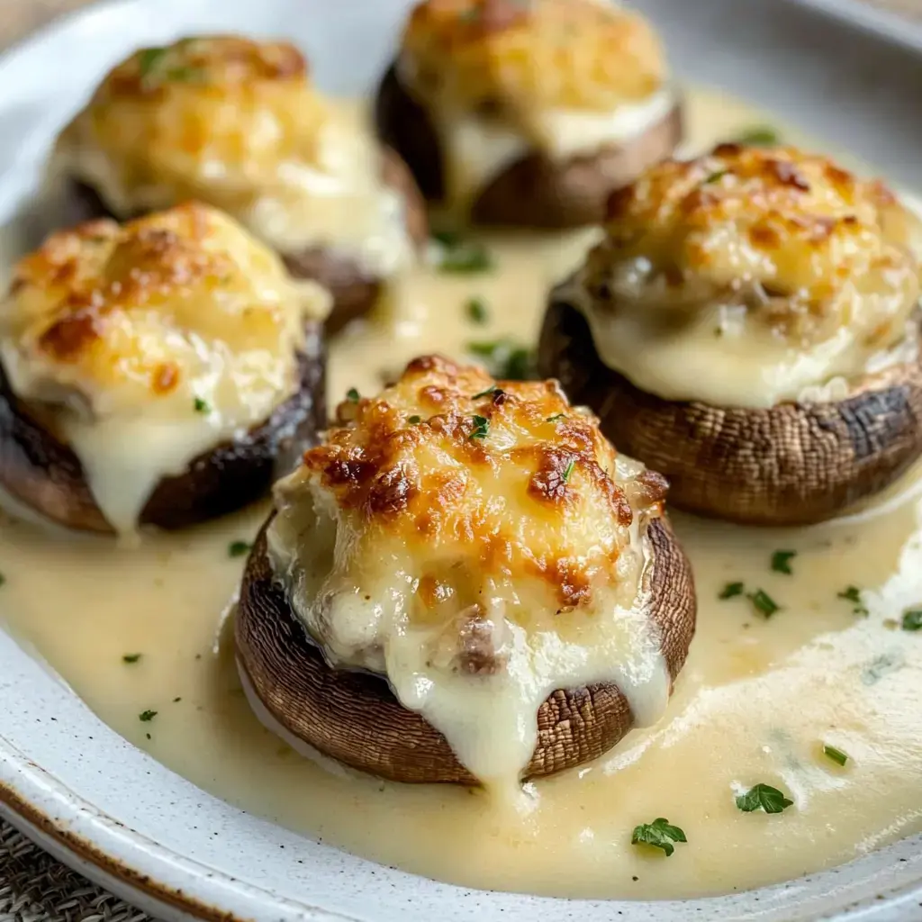Stuffed mushrooms covered in cheese and served with creamy sauce on a plate.
