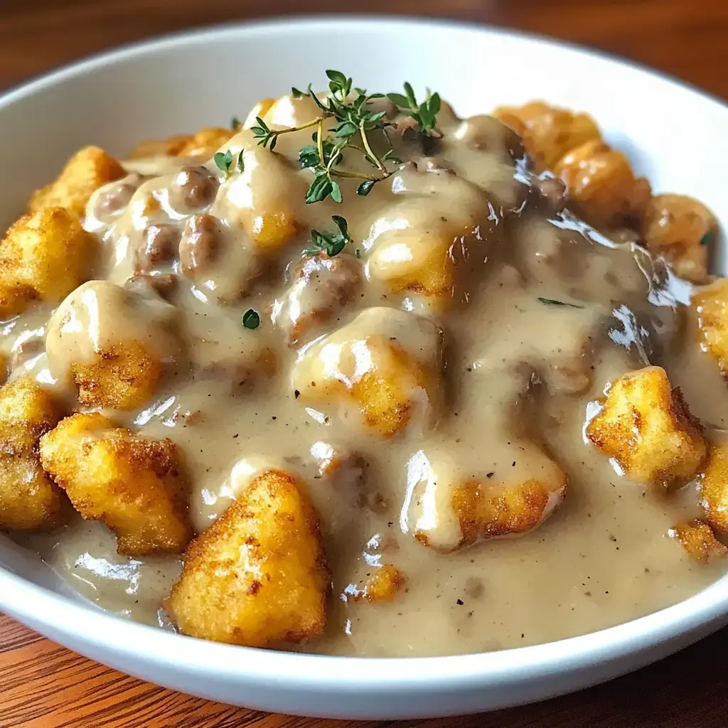 Golden fried tots in a bowl topped with rich gravy and thyme garnish.
