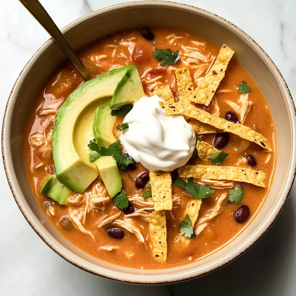 A creamy soup bowl topped with chicken, avocado, tortilla strips, sour cream, and fresh cilantro.