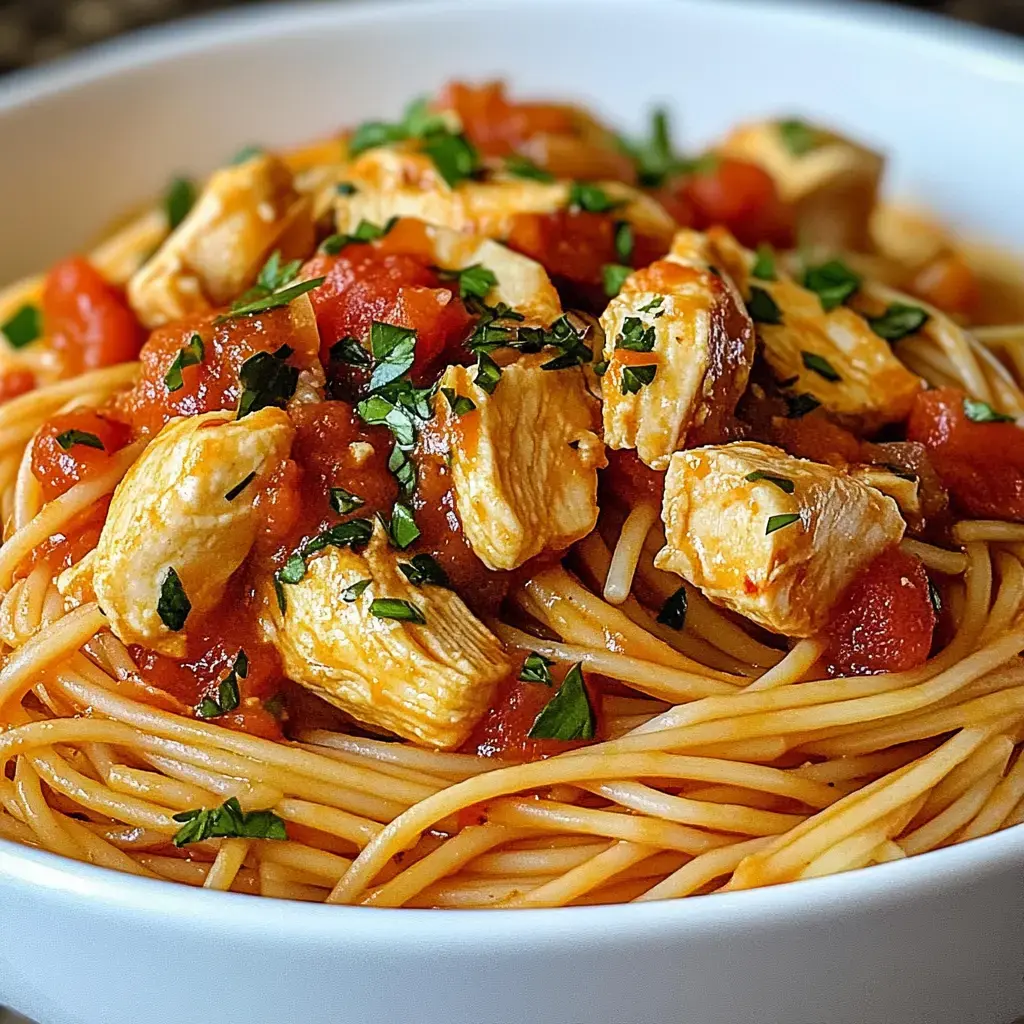 A plate filled with creamy spaghetti and tender chicken topped with fresh parsley.