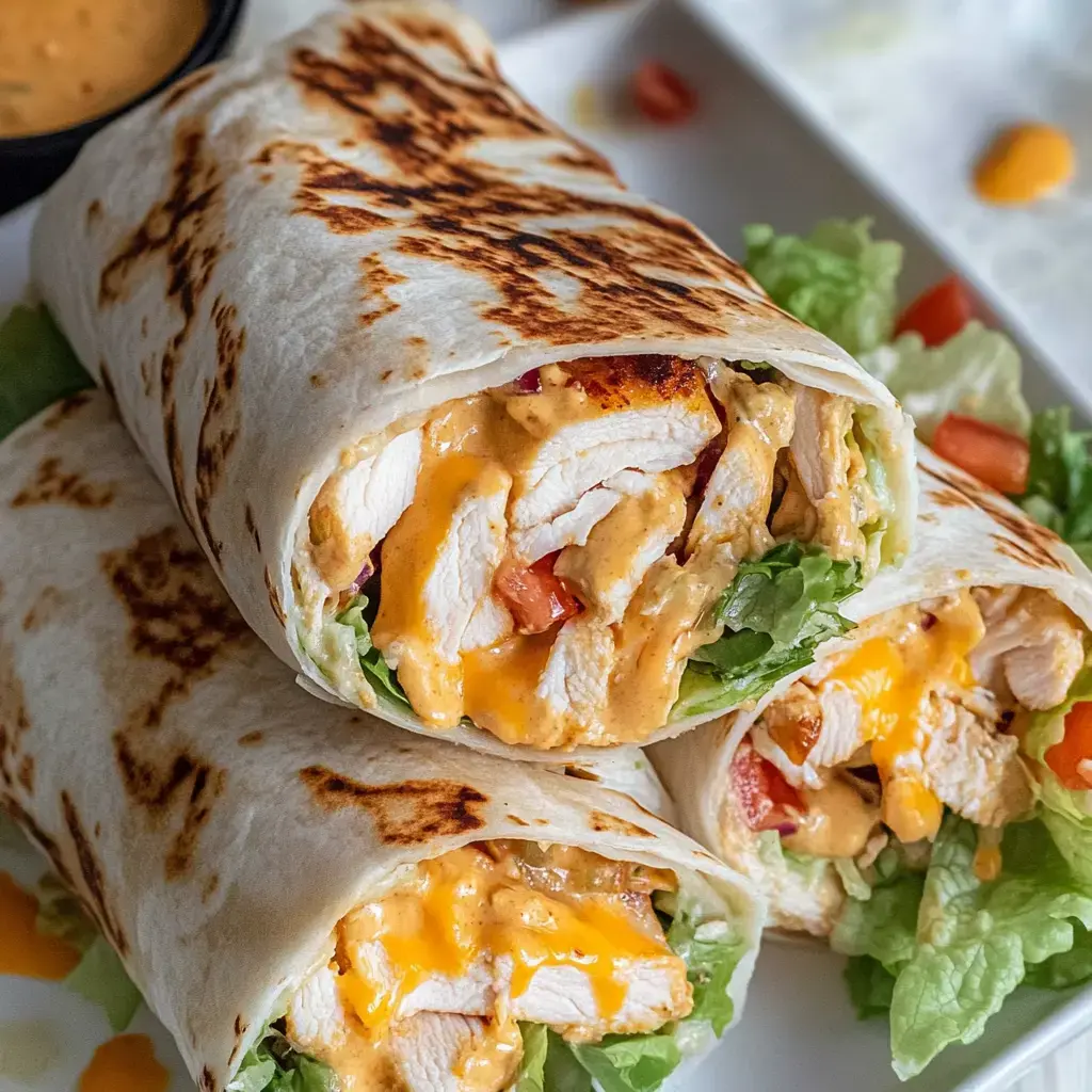 Three grilled wraps packed with chicken, veggies, and cheese on a plate with dipping sauce nearby.