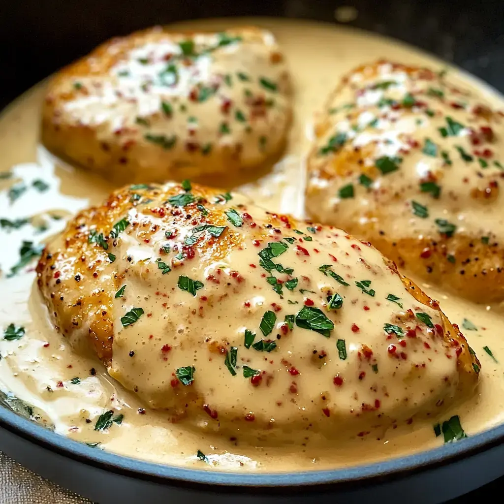 Three juicy chicken breasts in creamy sauce topped with parsley and red spices, ready to enjoy.