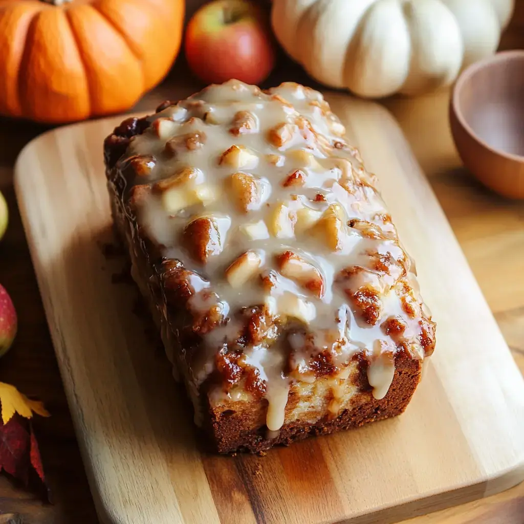 A soft apple loaf with a sugary glaze sits on a cutting board near autumn decor like apples and pumpkins.