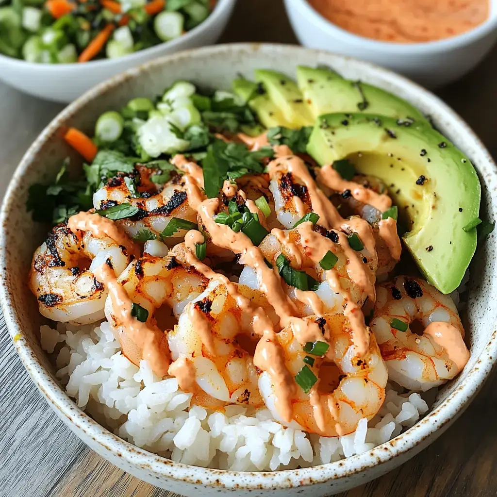 White rice bowl with juicy grilled shrimp, avocado slices, herbs, and a spicy sauce drizzle.