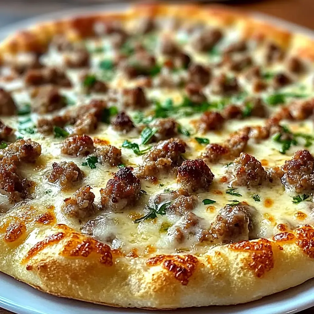 Close view of pizza topped with sausage and greens on a buttery crust.