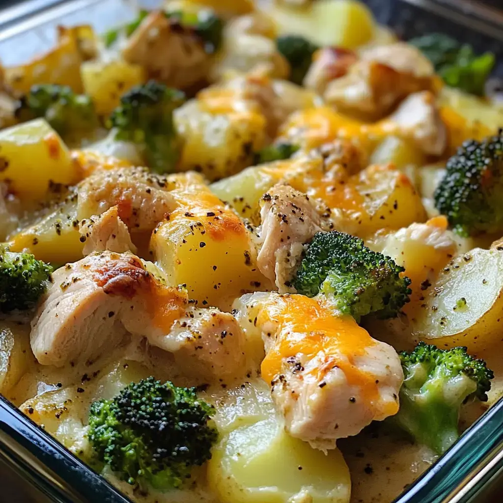Baked dish with golden cheese, chicken, broccoli, and diced potatoes, garnished with pepper and herbs.