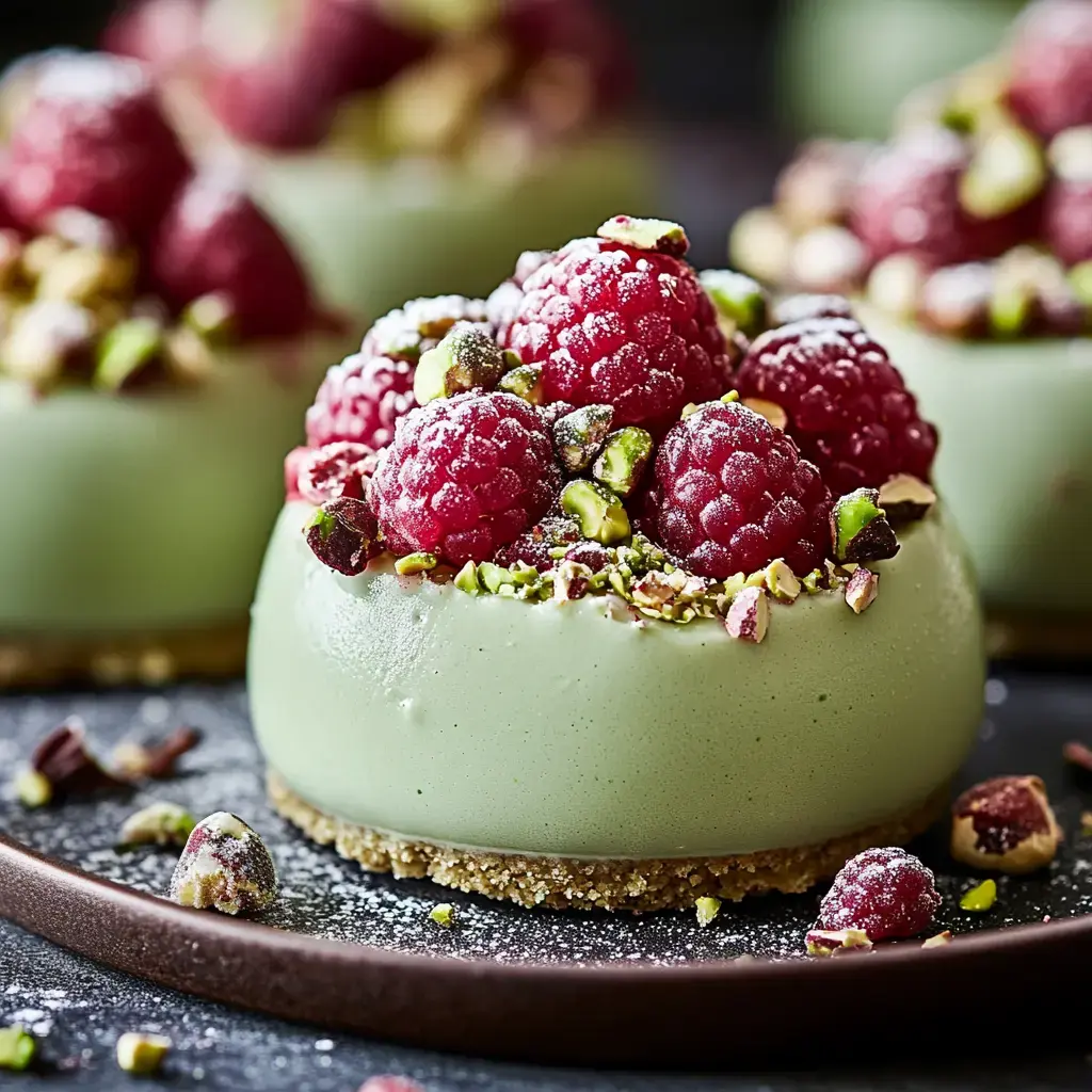 Close-up of pistachio dessert with raspberries on top, resting on a dark plate with crumbled nuts around.