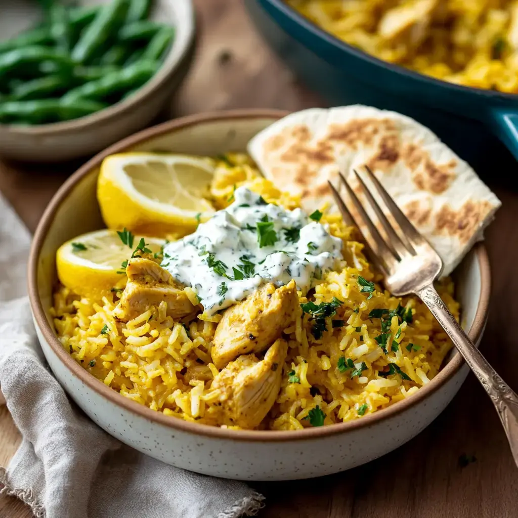 A plate of yellow rice with chicken pieces, tzatziki drizzle, lemon slices, fresh herbs, and flatbread alongside green beans.