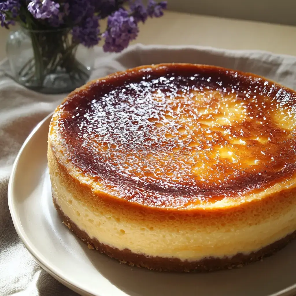 A stunning caramel cheesecake dusted with powdered sugar sits beside fresh purple flowers on a plate.