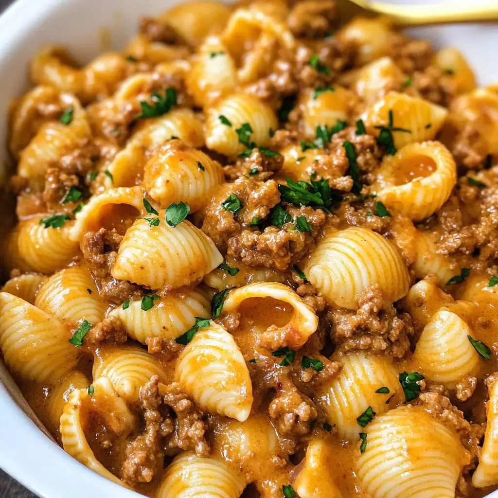 A bowl of creamy pasta with shell noodles, ground meat, and a garnish of parsley.