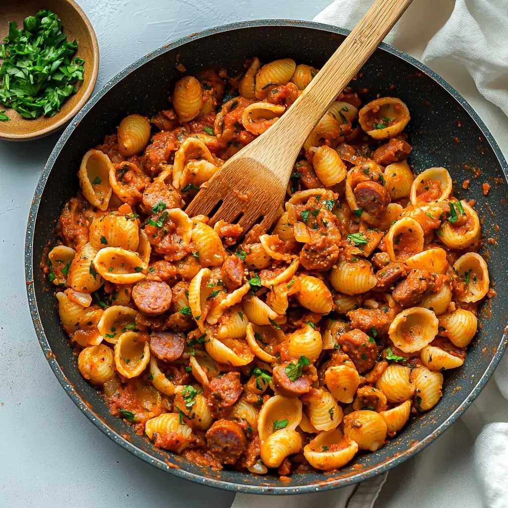 A skillet filled with steaming pasta, sausage, and parsley, with herbs on the side.