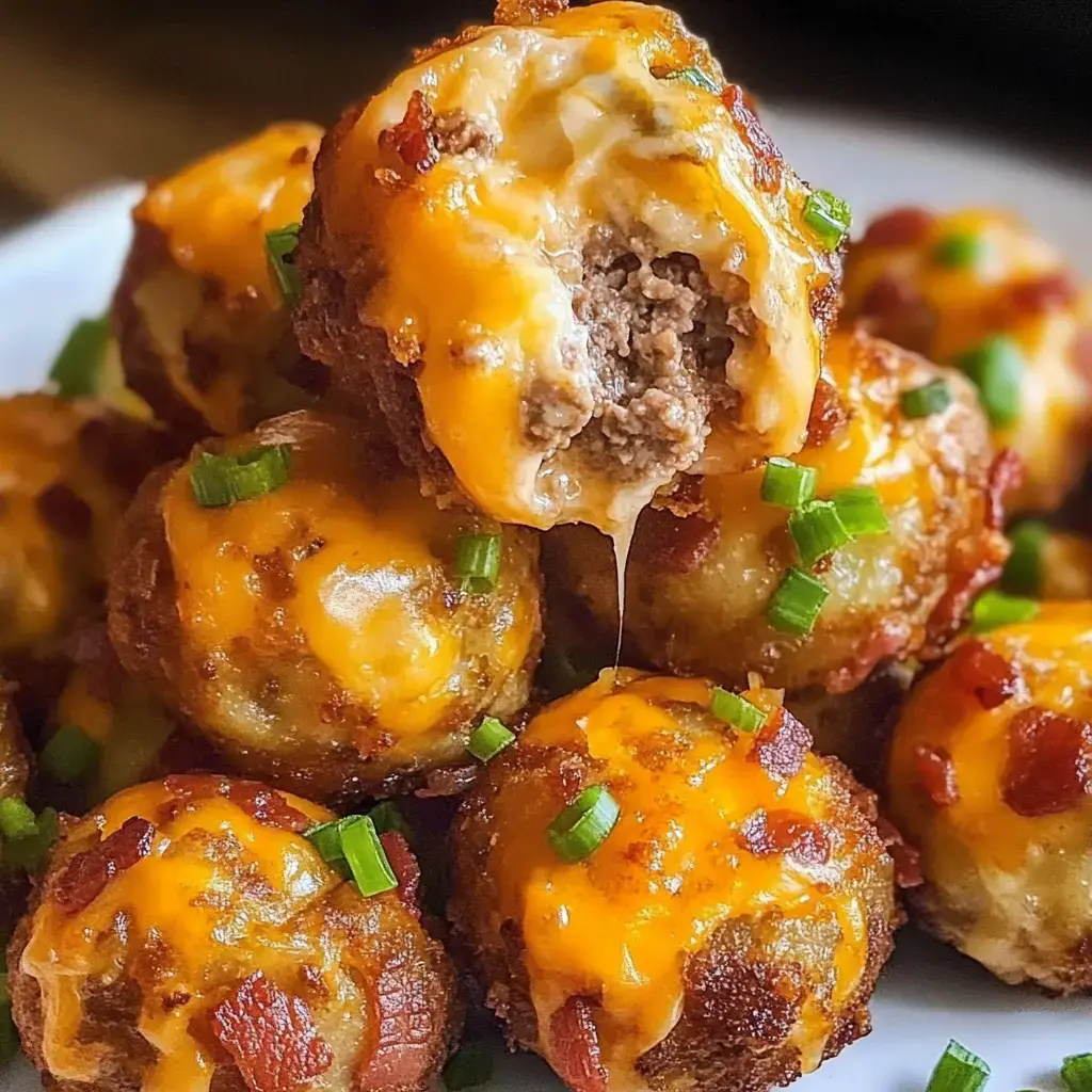 Close-up of cheesy sausage snacks garnished with green onions, one snack cut open showing melted cheese and ground sausage inside.