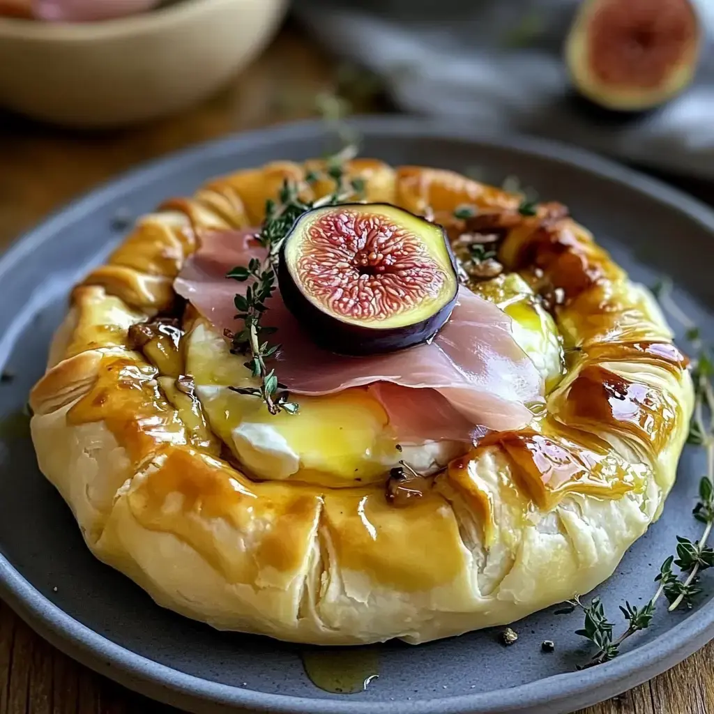 Golden pastry with figs, prosciutto, thyme, and glossy drizzle on a plate.