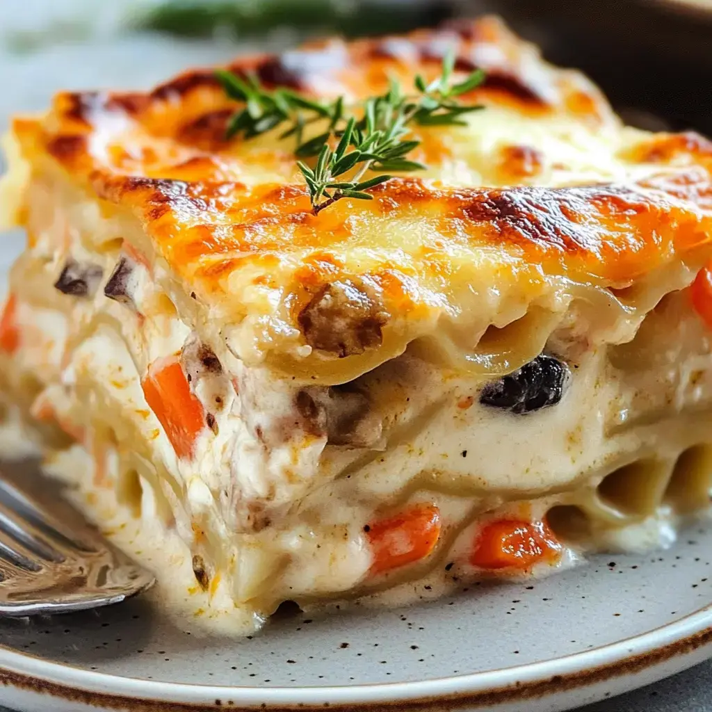 Layers of pasta, seafood, and a creamy, golden top in a lasagna slice. Garnished with a green herb for color.