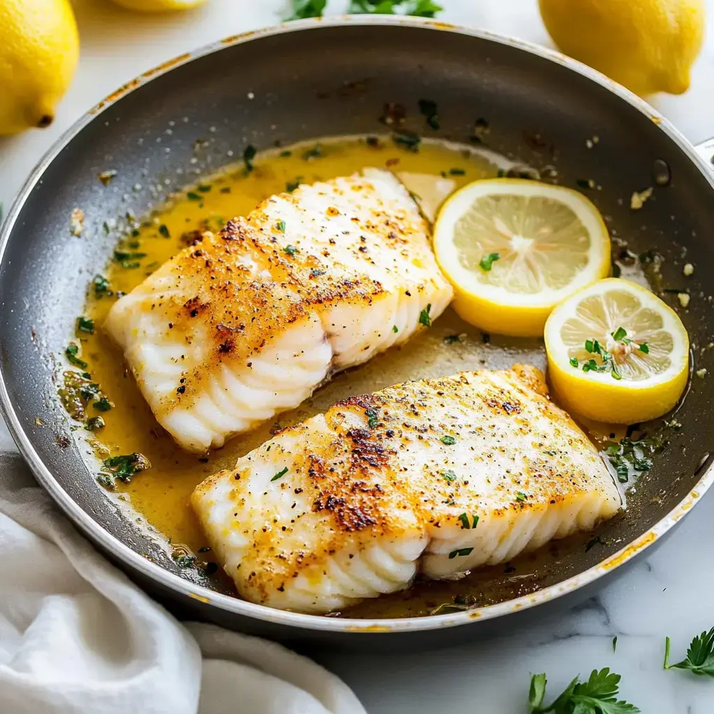 Golden brown fish fillets in a pan with fresh parsley and lemon wedges.