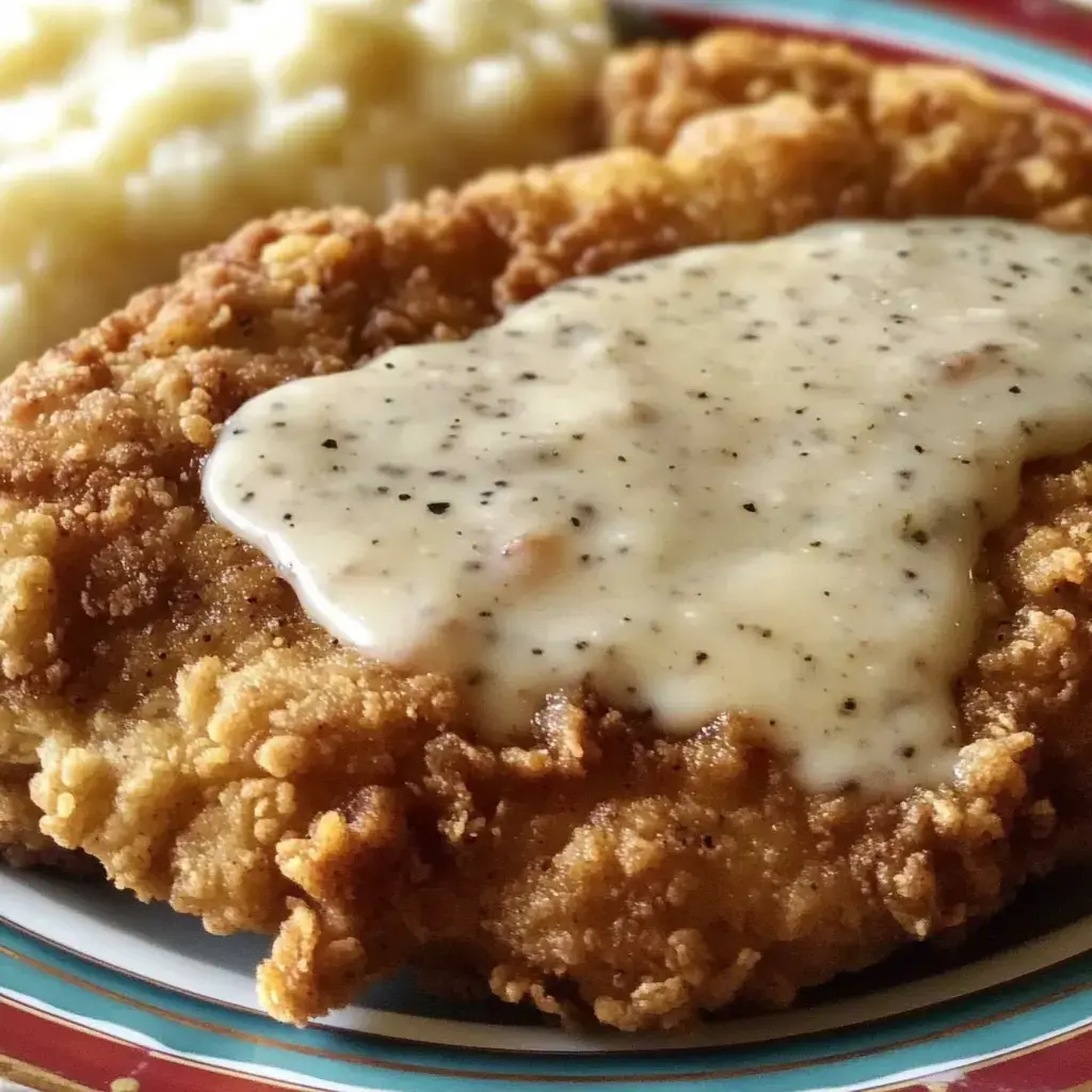 A crispy fried steak with creamy gravy on top served with mashed potatoes on a vibrant plate.