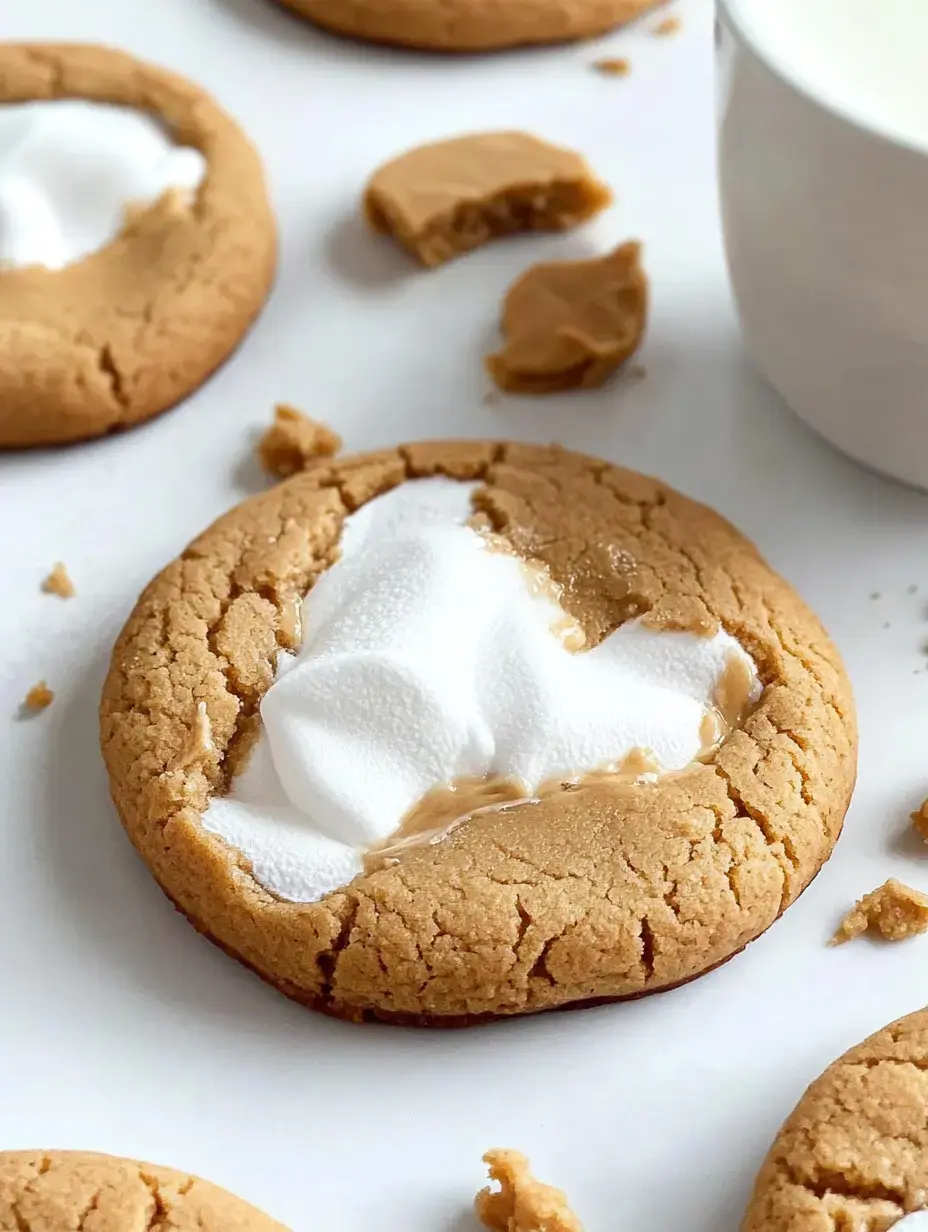 A close-up shot of peanut butter cookies covered with cream, sprinkled with cookie bits, and a milk cup nearby.