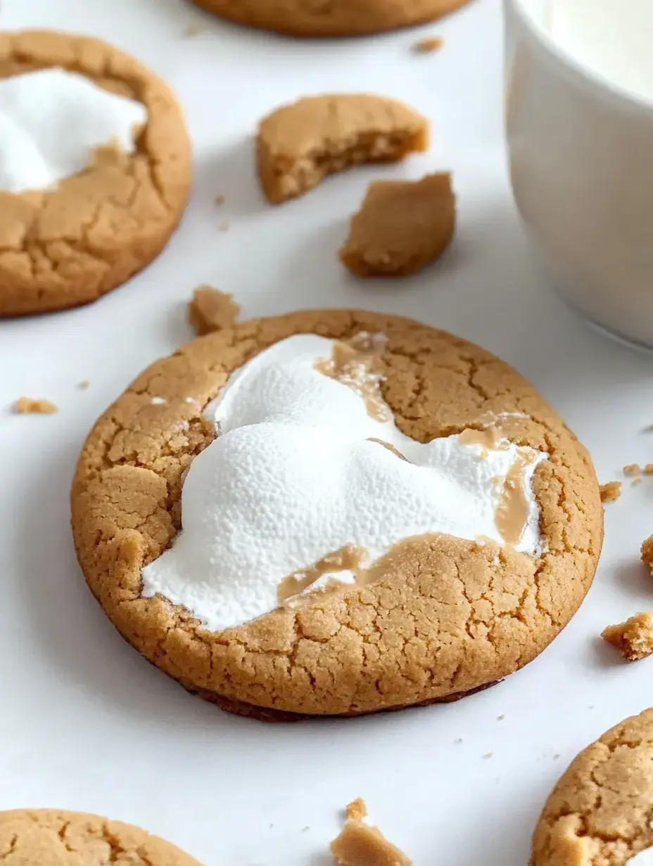 A close look at a peanut butter cookie filled with creamy white goodness, with broken bits and a cup of milk peeking behind.