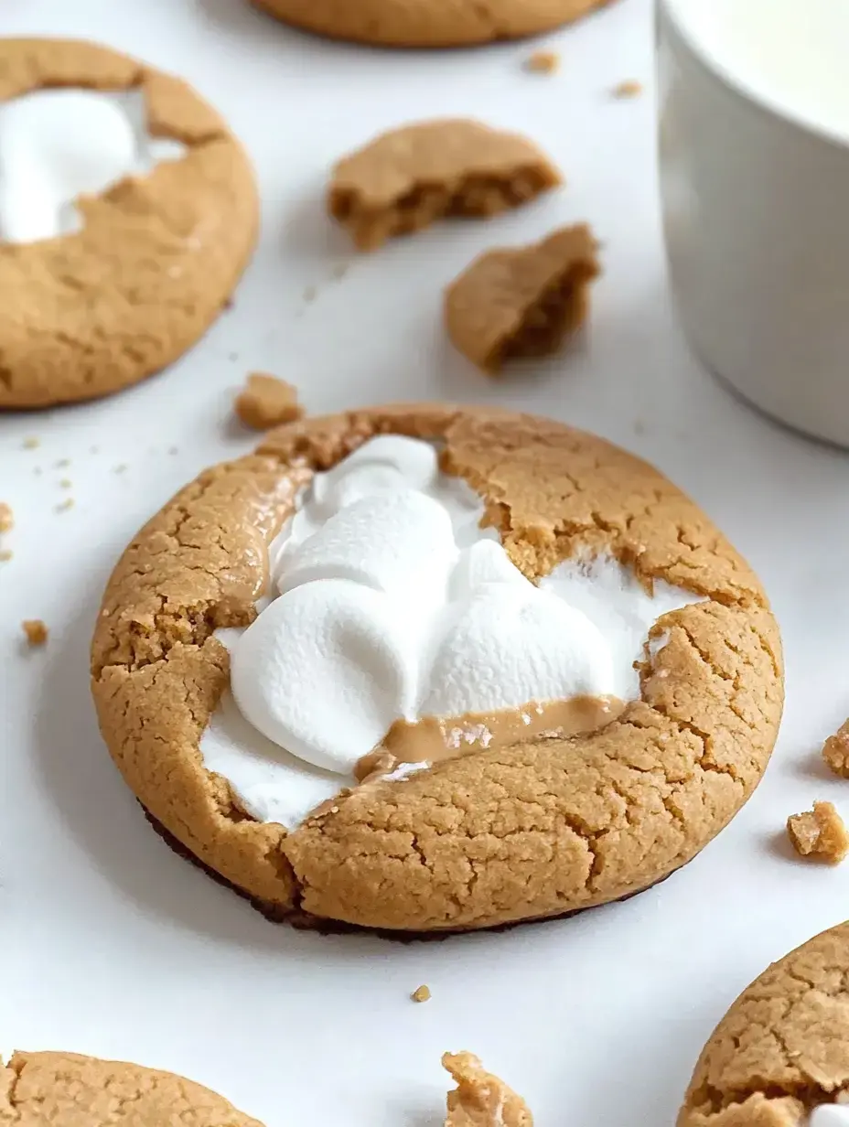 A close-up of a peanut butter cookie cracked open with marshmallow fluff inside, more whole cookies, and a tiny milk cup nearby.