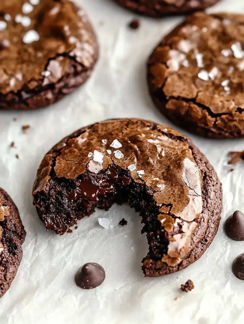 Chewy chocolate cookies close up, bitten into with gooey inside showing and coarse salt sprinkled up top.