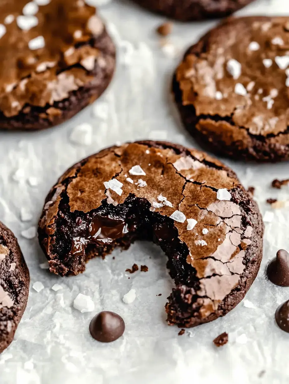 Close view of chocolate cookies, bitten into with flowing chocolate and sea salt on parchment.