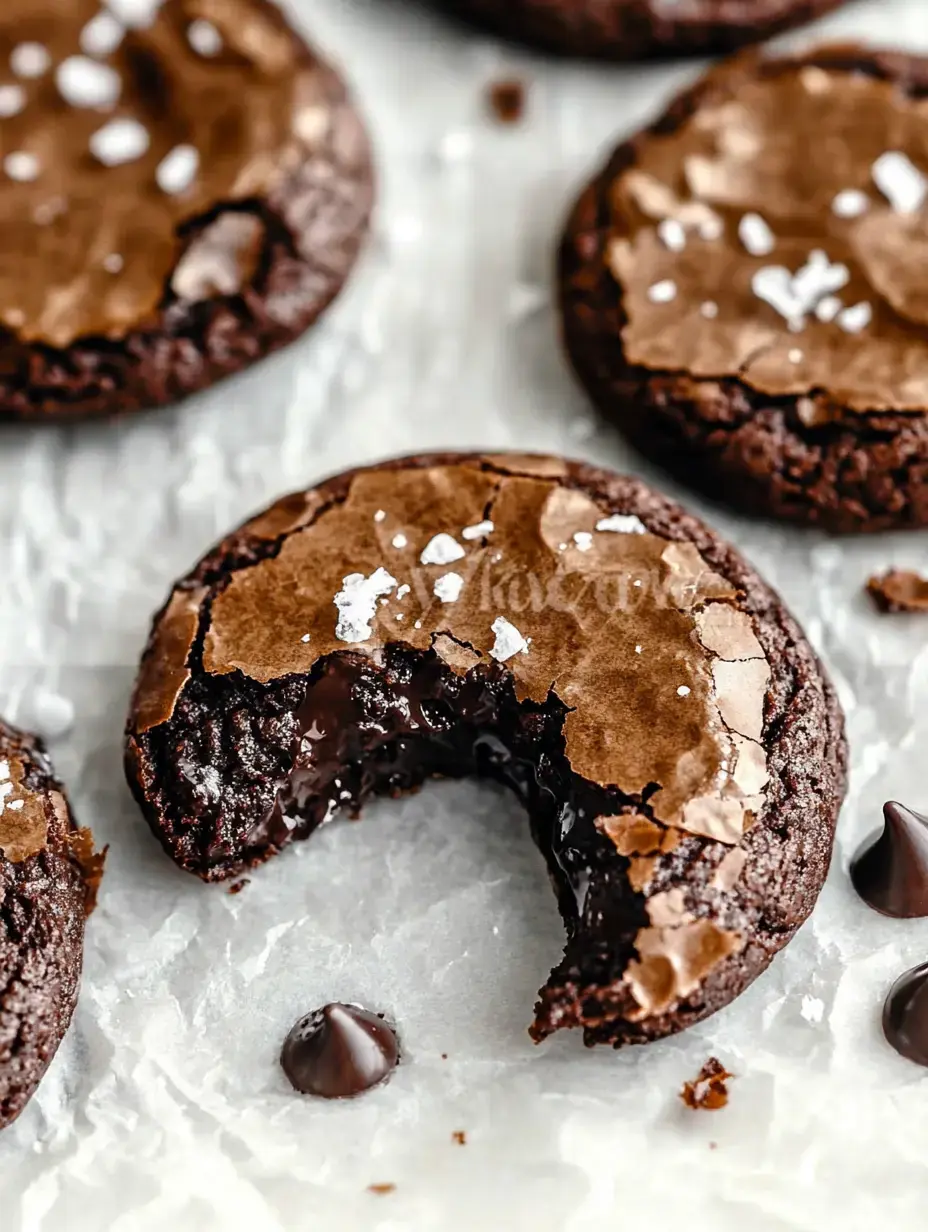 Chocolate cookie close-up, bitten with soft center showing and sea salt, chocolate chips scattered on parchment.