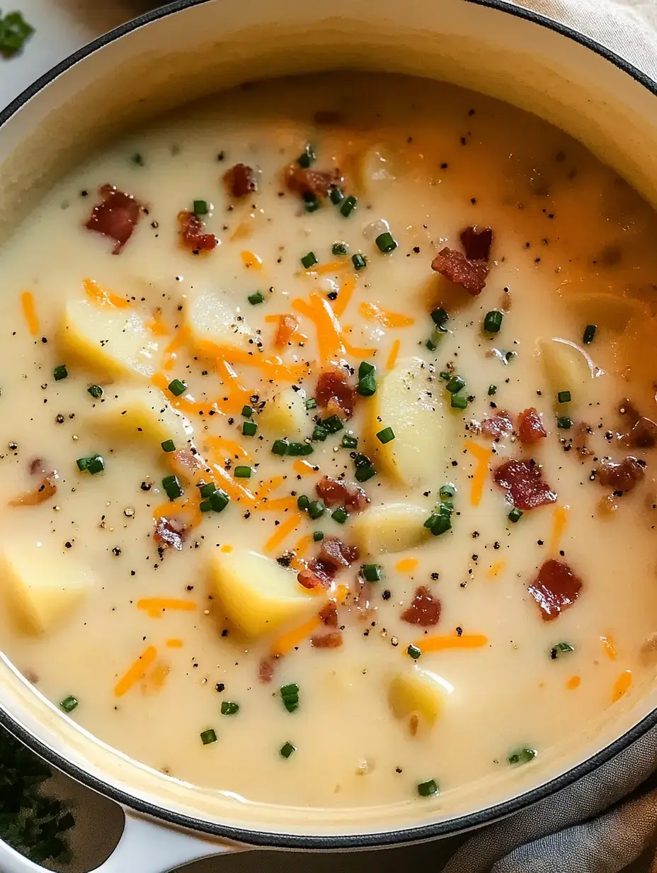 A big pot filled with super creamy potato soup and loaded up with cheddar, bacon, and chives on top.