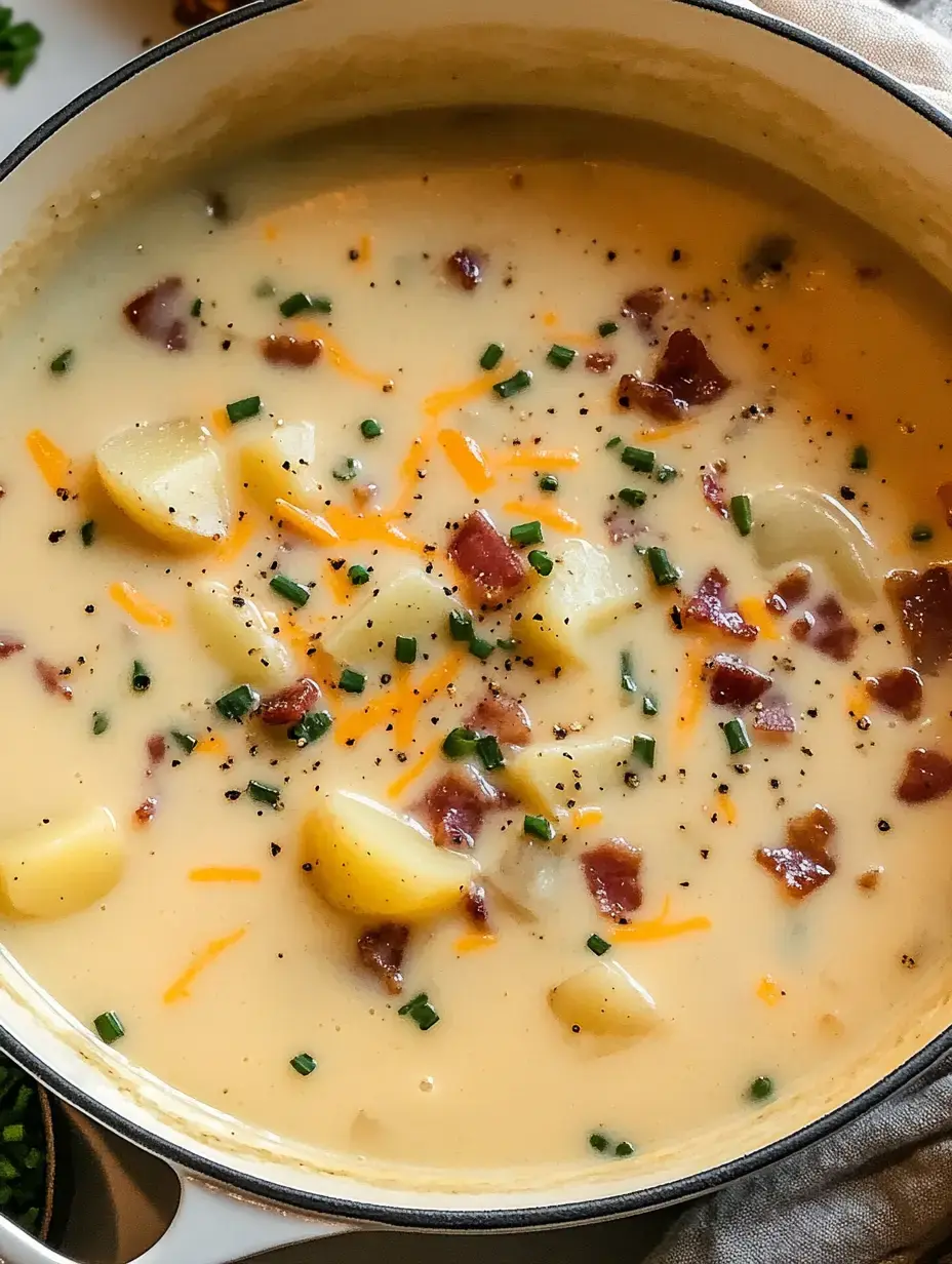 White pot overflowing with creamy potato soup, finished with bacon, a pile of cheese, and fresh herbs.