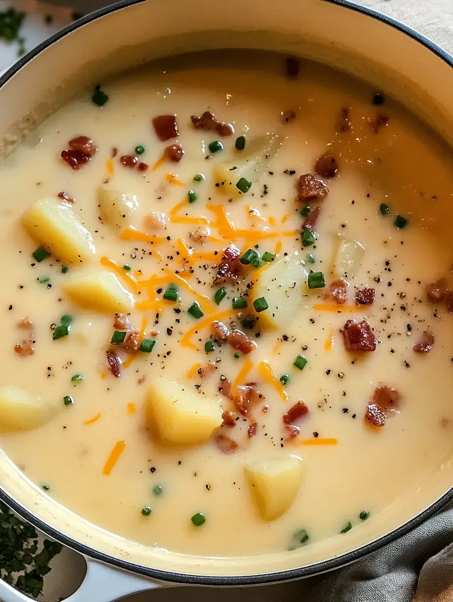 Hearty potato soup loaded with crispy bacon, a handful of cheddar, and bright green herbs.
