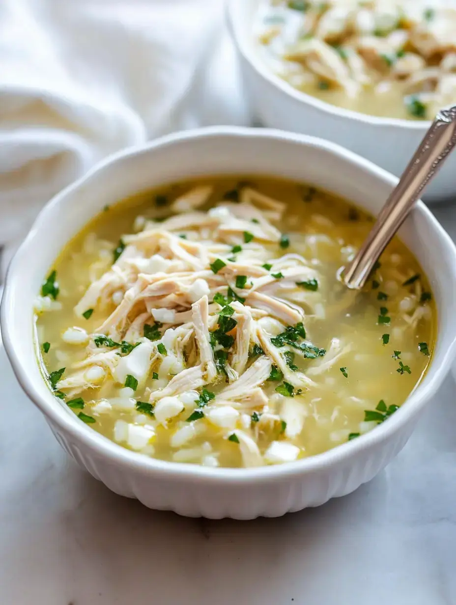 A bowl of chicken soup with shredded chicken, herbs, and small pieces of vegetables in a clear broth.