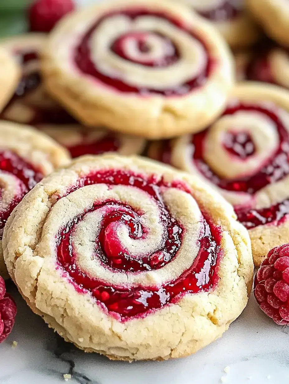A close-up of spiral cookies with bold red raspberry swirls surrounded by plump fresh raspberries.