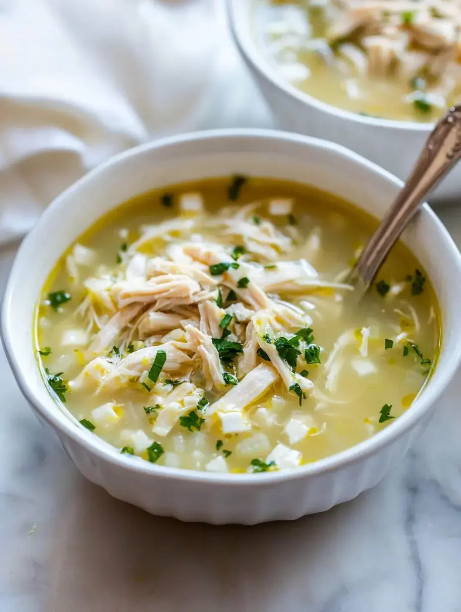 A close-up of a bowl of chicken soup garnished with shredded chicken and chopped herbs, set on a marble surface.