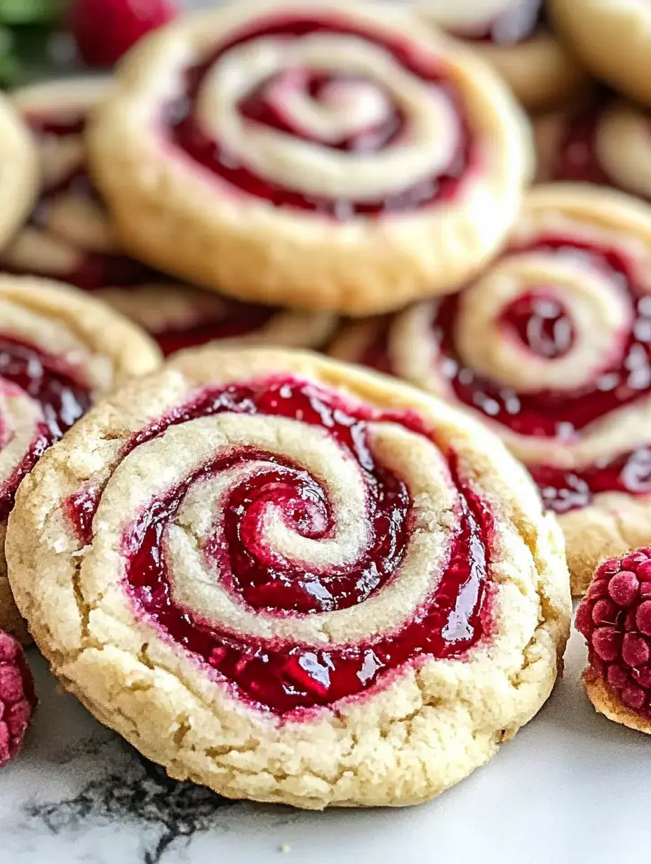 A close-up shot of cookies spiraled with raspberry jam, their creamy white dough circling red jam, and fresh raspberries in the scene.
