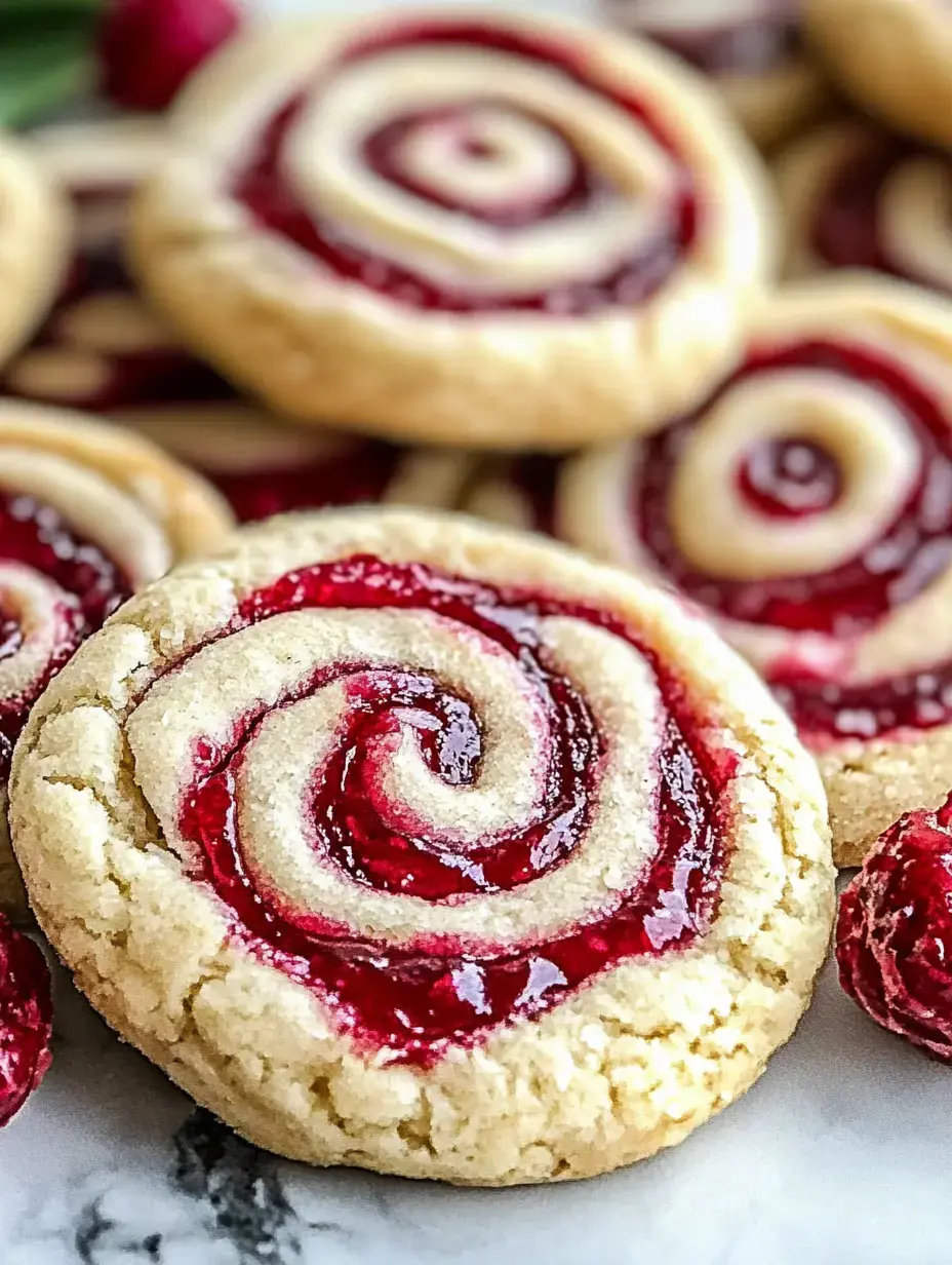 A close-up of swirled cookies with bright red jam, ringed by fresh raspberries ready to grab.