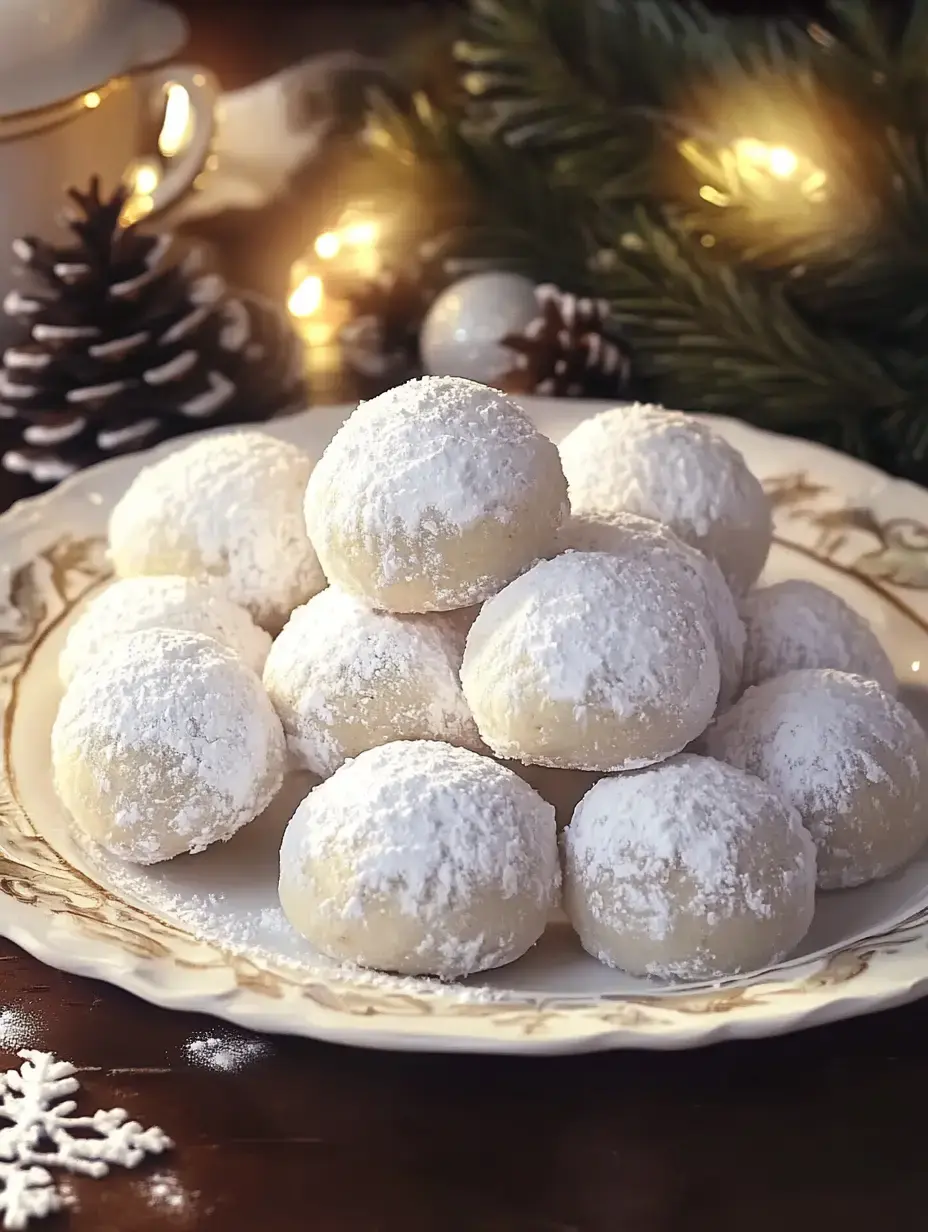A pretty plate of snowy powdered cookies shown with pinecones and holiday twinkle lights.