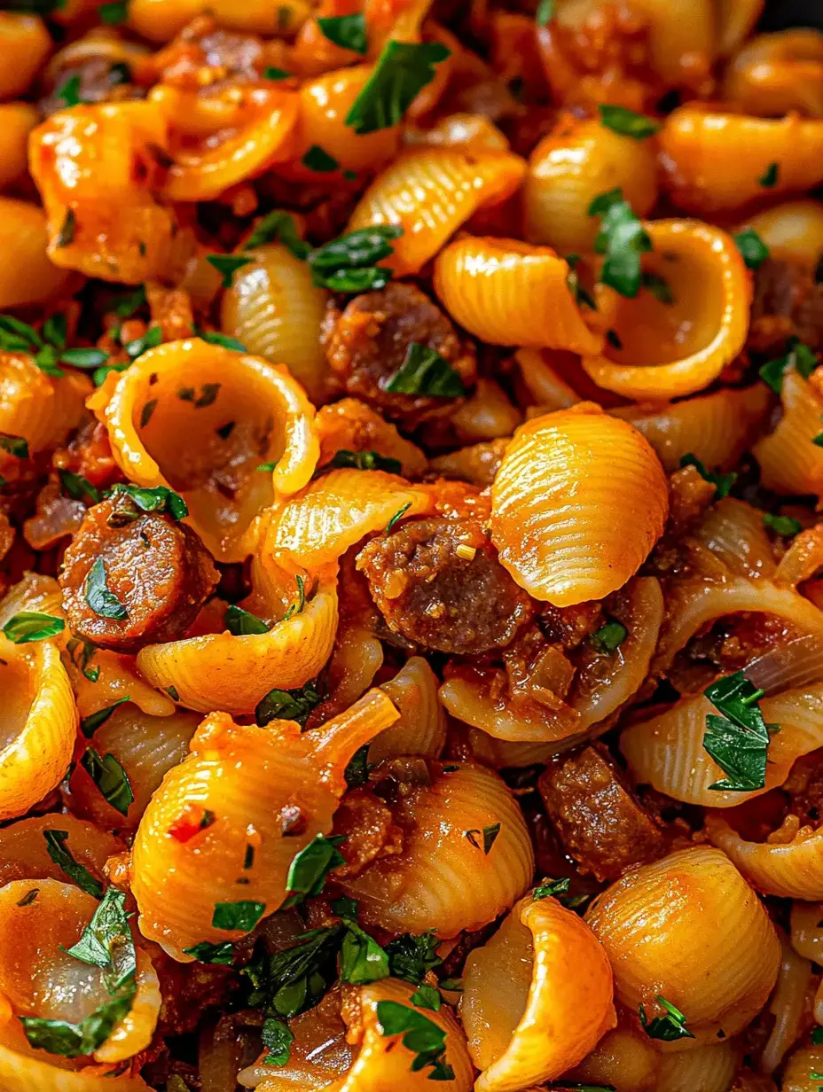 Shell pasta topped with parsley, spicy sausage, and rich tomato sauce up close.