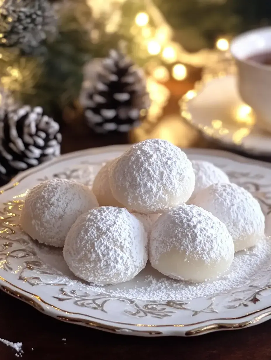 A fun stack of snowball cookies looking snowy-white, with pinecones and soft holiday lights in the background.
