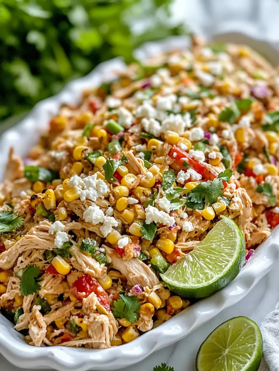 A rainbow bowl with bites of chicken, corn, veggies, lots of cilantro, slices of lime, plus crumbly cheese on top.
