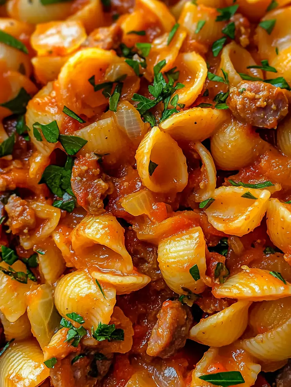 Pasta shells tossed with bright sauce, sausage crumbles, and a shower of parsley, close-up.