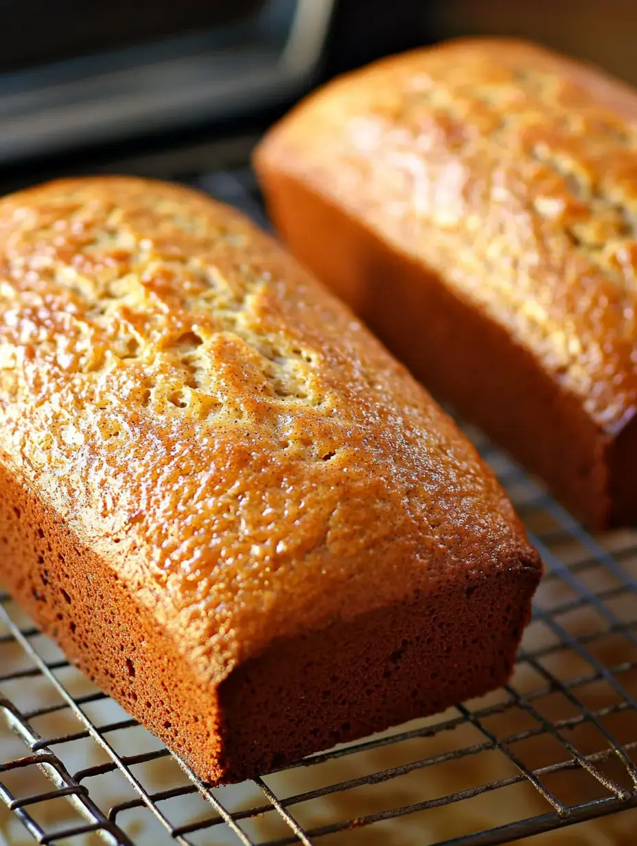 Two warm loaves of freshly baked brown bread on a cooling rack.