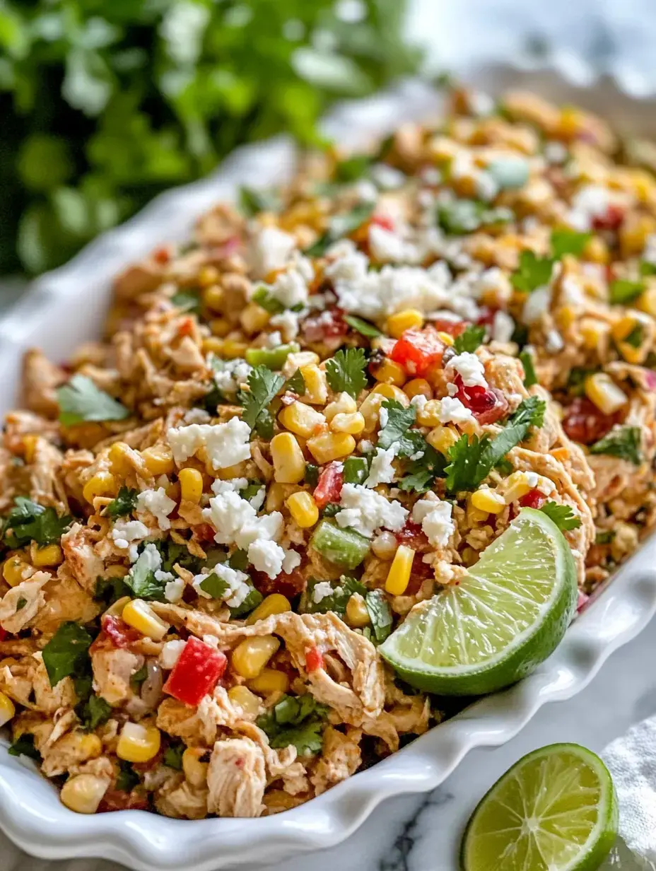An oval dish filled with chicken, golden corn, red and green peppers, a shower of fresh cilantro, scattered cheese crumbles, and slices of lime.