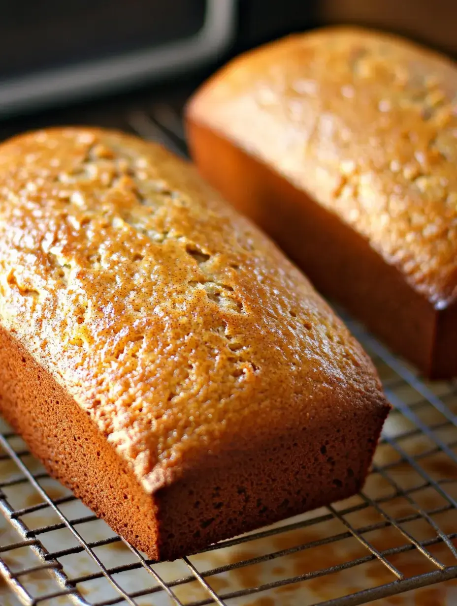 Two warm brown bread loaves resting on a wire cooling rack.