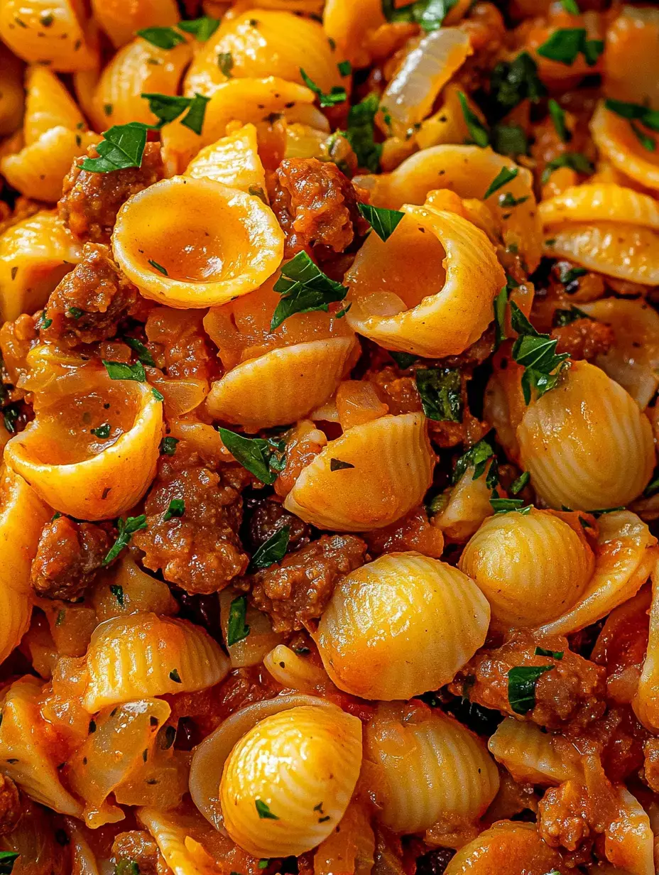 Shell noodles coated in red sauce with sausage chunks and fresh parsley, shown close up.