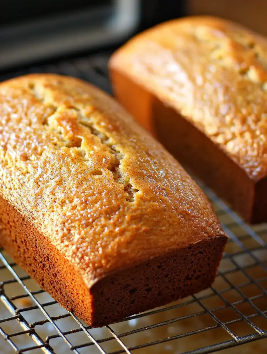 Two golden loaves of bread freshly baked on a wire cooling rack.